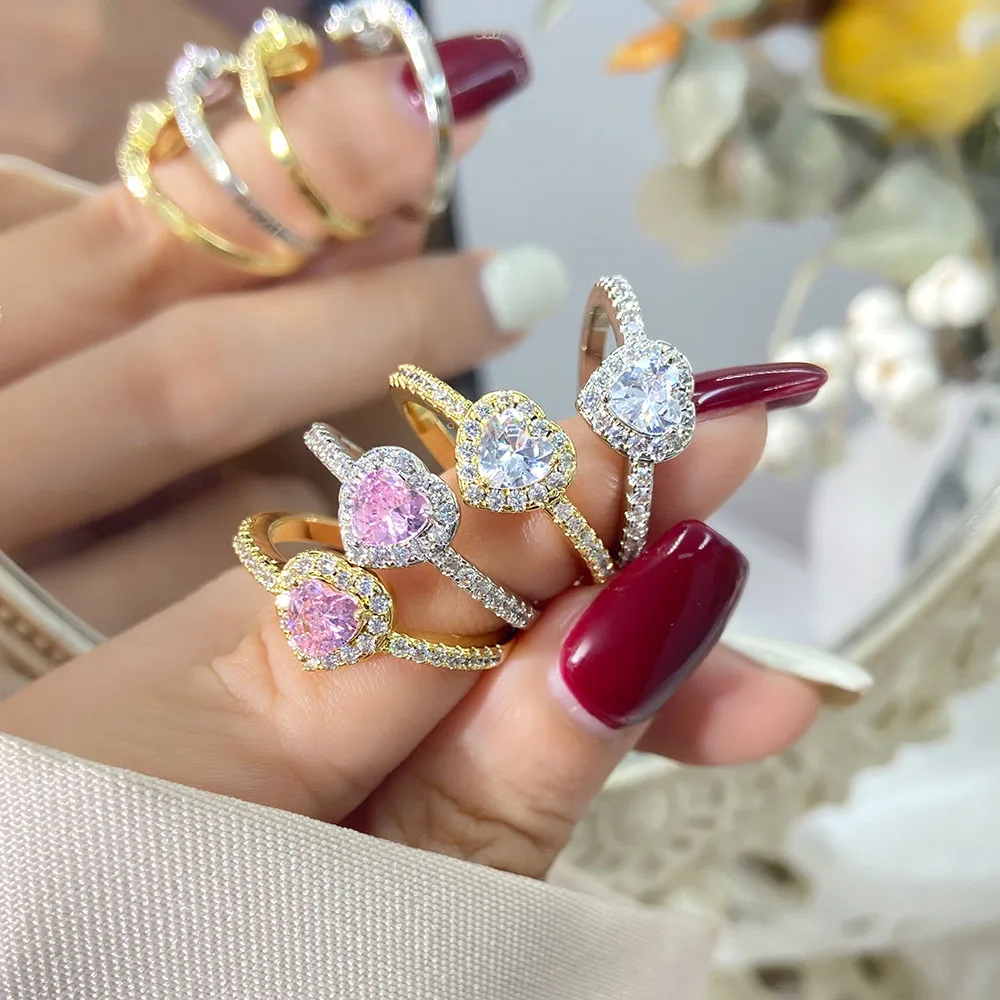 FOXI 925 Sterling Silver Ring  Zircon Waterproof Wedding Pink Heart cubic zirconia Silver Engagement Ring for women