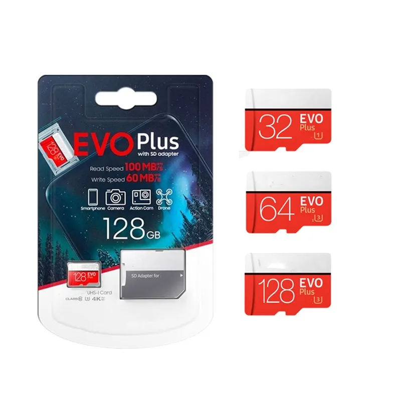 Wholesale Evo Plus Class 10 Memory Cards 32GB 64GB 128GB 256GB Mini TF SD Card with Free Adapter