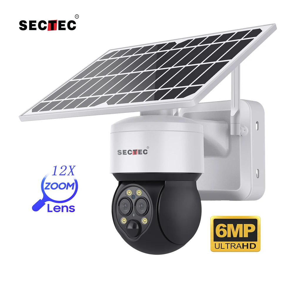 2023 Sectec WIFI 6MP HD Солнечная камера на батарейках видеонаблюдения PIR наружная Водонепроницаемая 12X зум