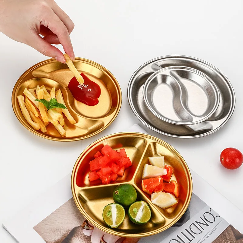 Korean Sushi Dip Sauces Flat Dish Stainless Steel Spice Tray Mini Barbecue Sauces Dishened Round Divided Dishes