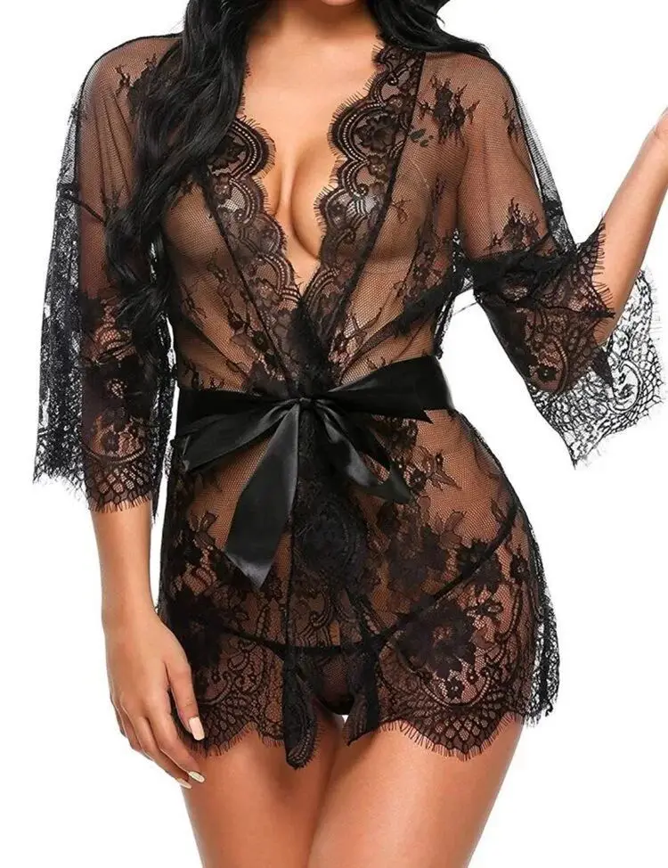Women Sexy Lace Kimono Naughty Underwear Sleepwear Transparent Mesh Lace Dress Robe with Belt and G-String