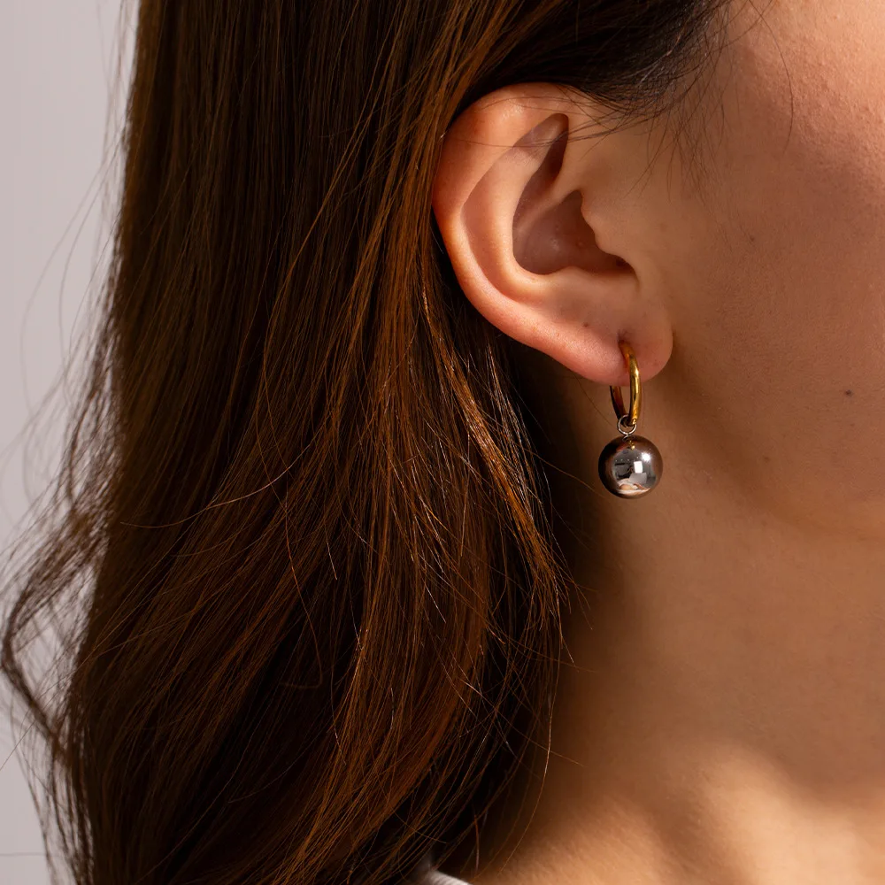 NUORO INS Style Fashion Simple 18K Gold Plated Ear Buckle Earrings Jewelry Personality Steel Ball Pendant Huggie Hoop Earrings