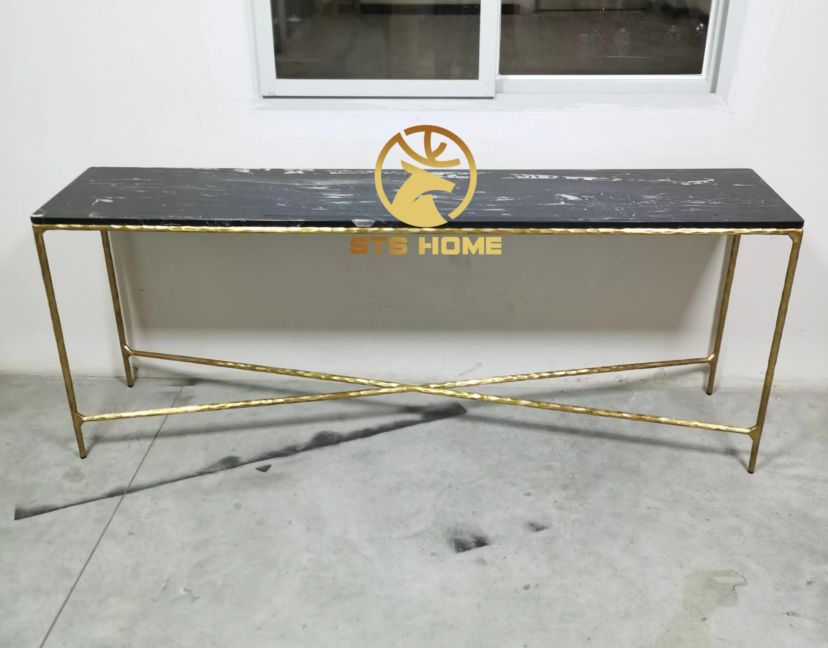High-end custom hand forged brass base clear tempered glass marble tabletop console table luxury handmade thaddeus console table