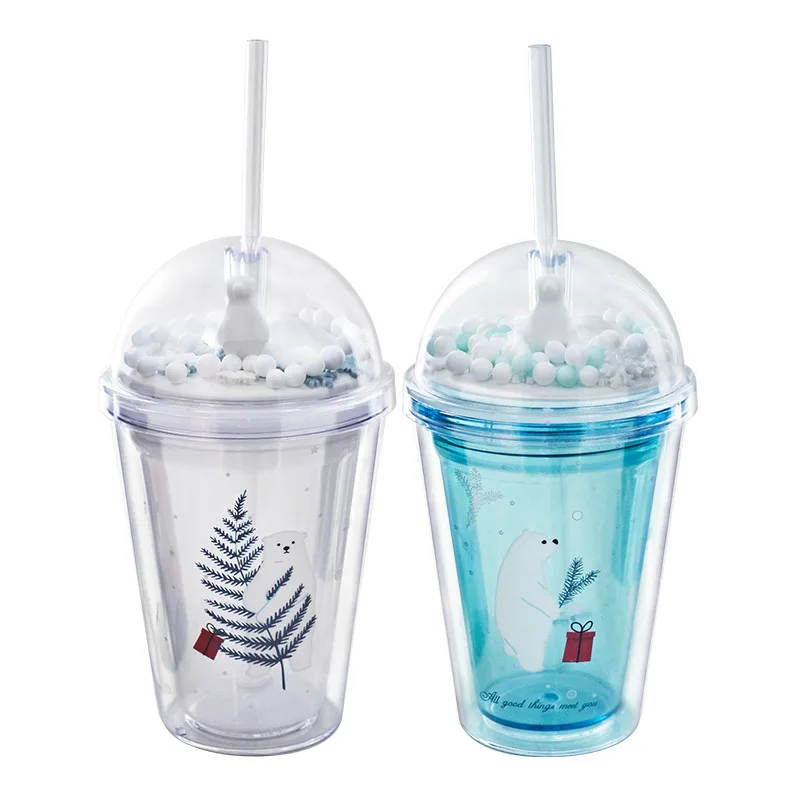 Cute Double Wall Plastic Bear Water Cup Gift Eco Friendly Insulated Glitter Straw Ice Cream Cup with Dome Lid for Kids