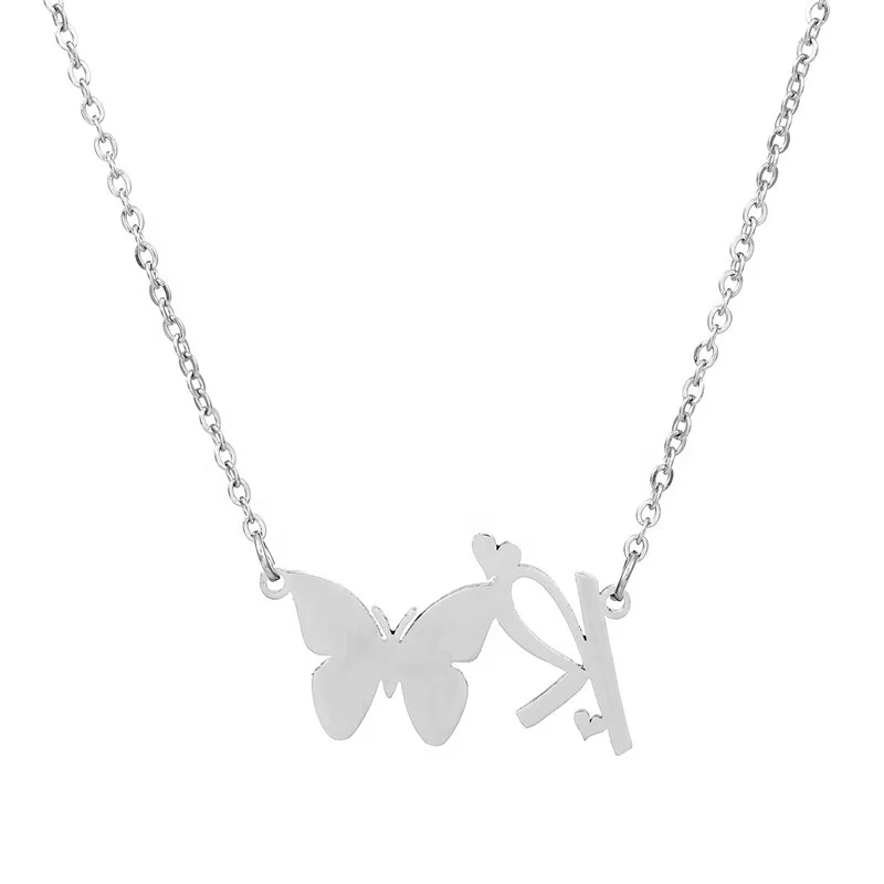 wholesale stainless steel couple initial letter chain butterfly love heart pendant necklaces
