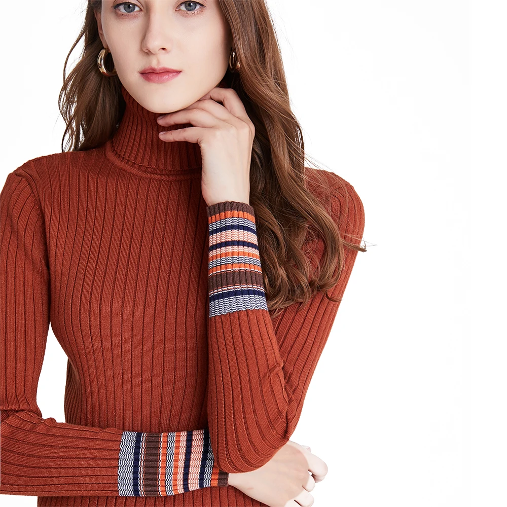 Womens Velvet Lining Colorblock Sweater Turtle Neck Casual Long Sleeve Loose Striped Knitted  Pullover Tops