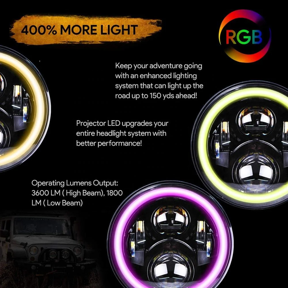 7 inch Round LED Headlight RGB Halo Angel Eyes Light With Mobile Phone APP Remote For TJ LJ JK  Hummer H1 H2 Headlamp