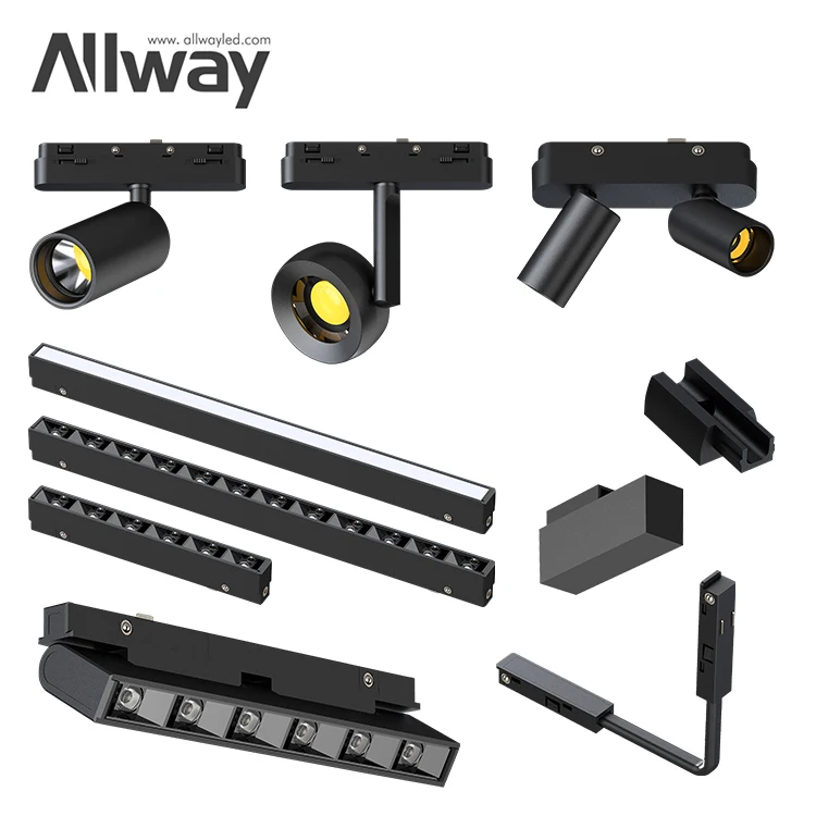 ALLWAY Black Housing Color 2 Line Aluminum Rail Indoor Shop Bar Track Lighting System Dimmable Magnetic Led Track Spot Light