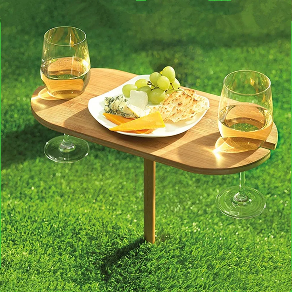 High Quality Bamboo Portable Outdoor Wine Table Snack and Cheese Tray Wine Bottle and Glass Holder