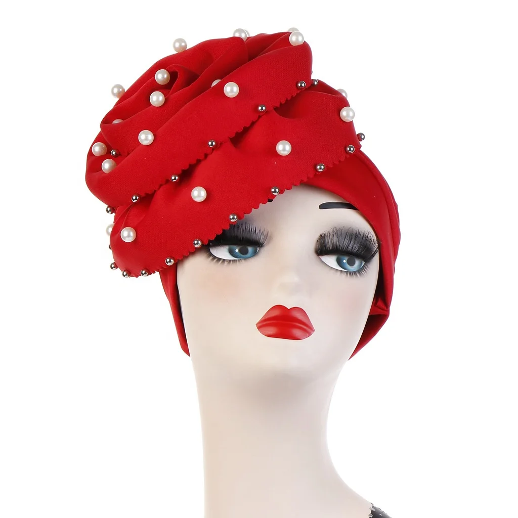 Flower Nails Pearl Muslim Headgear Hijab Hat Pure Colour Flower Cap turban