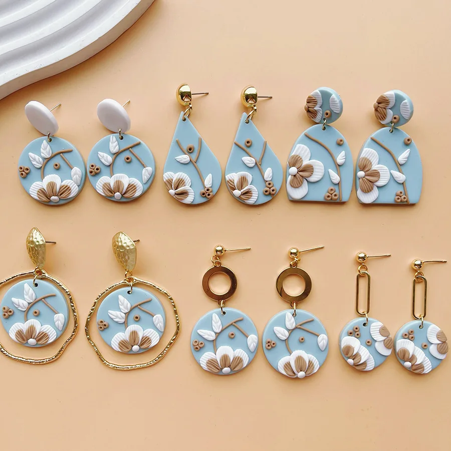 Trendy New Blue Flower Soft Ceramic Earrings Exquisite Handmade Flower Soft Ceramic Earrings Jewelry For Her