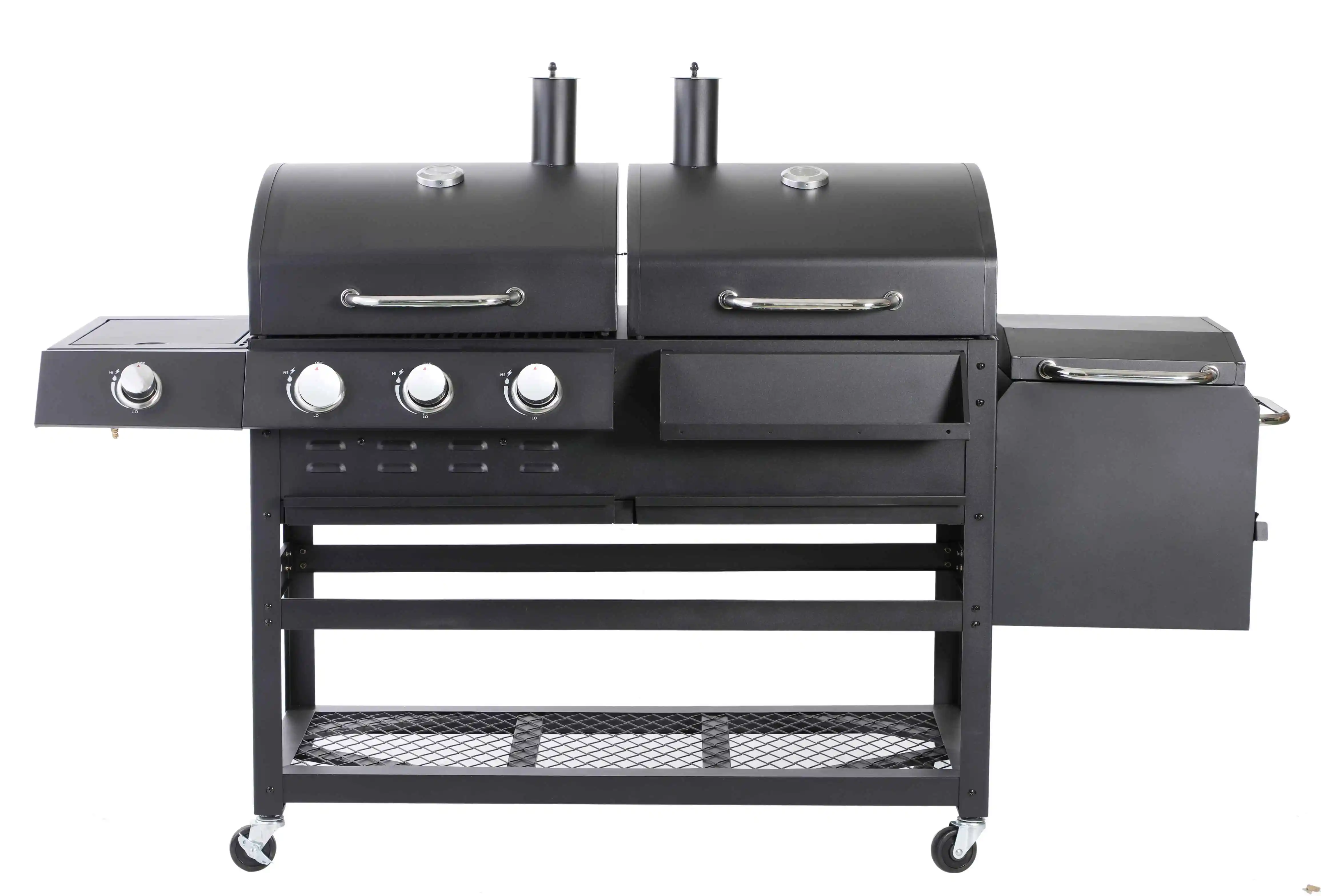 3-Burner Gas & Charcoal Outdoor Grill with Side Smoker Easily Cleaned Steel Powder Coated Finish for Family Gatherings