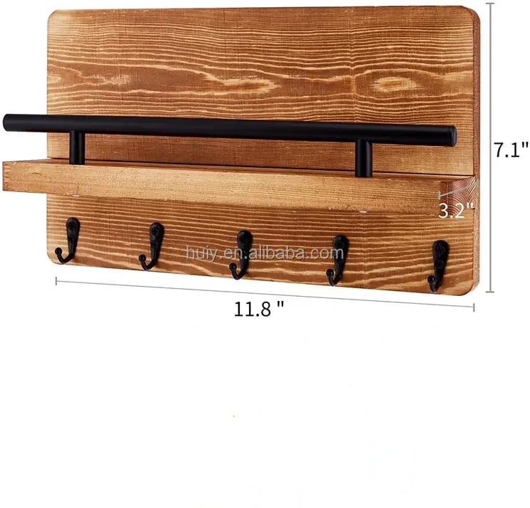 Wall mounted mail shelf sorter and organizer decorative wooden mail and key holder for entryway