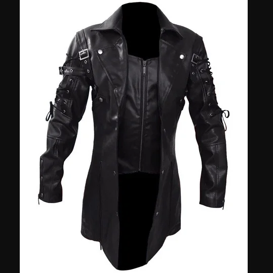 Mens Punk Leather Jacket Button Drawstring Long PU Leather Jacket Plus Size Moto Biker Leather Jacket 5XL