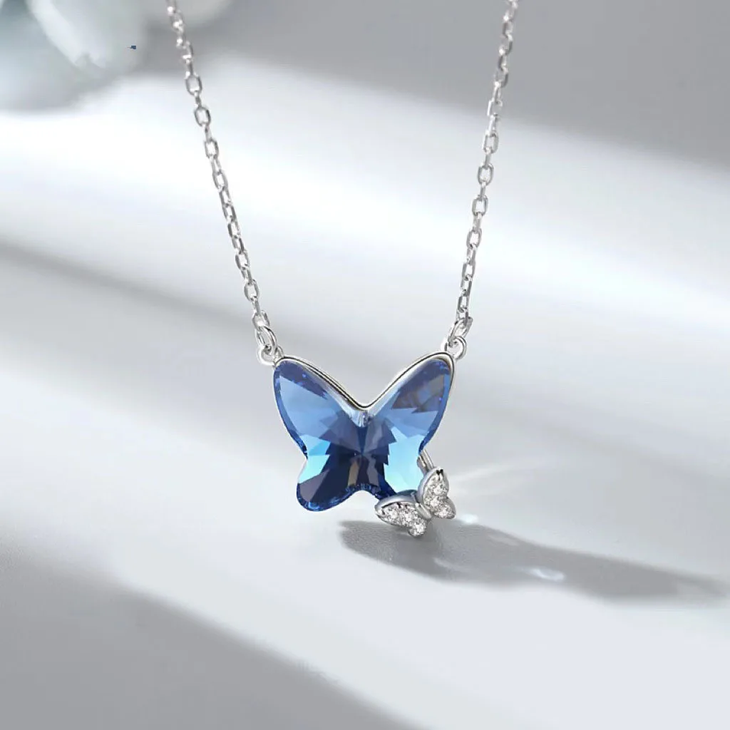 Hot Selling Korea Luxury S925 Sterling Silver Original Butterfly Pendant Jewelry Blue Natural Crystal Zircon Lady Necklace