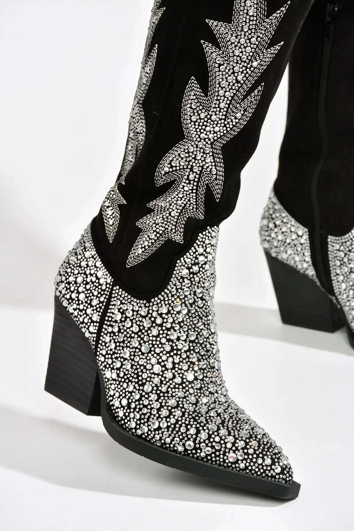 Women Black Knee High Rhinestone Boots Western Cowboy Boots Glitter Bling Shiny Block Heel Handmade Boots 44