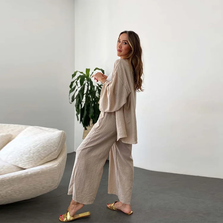 Wholesale custom cotton linen suit long-sleeved top plus wide-legged pants two-piece