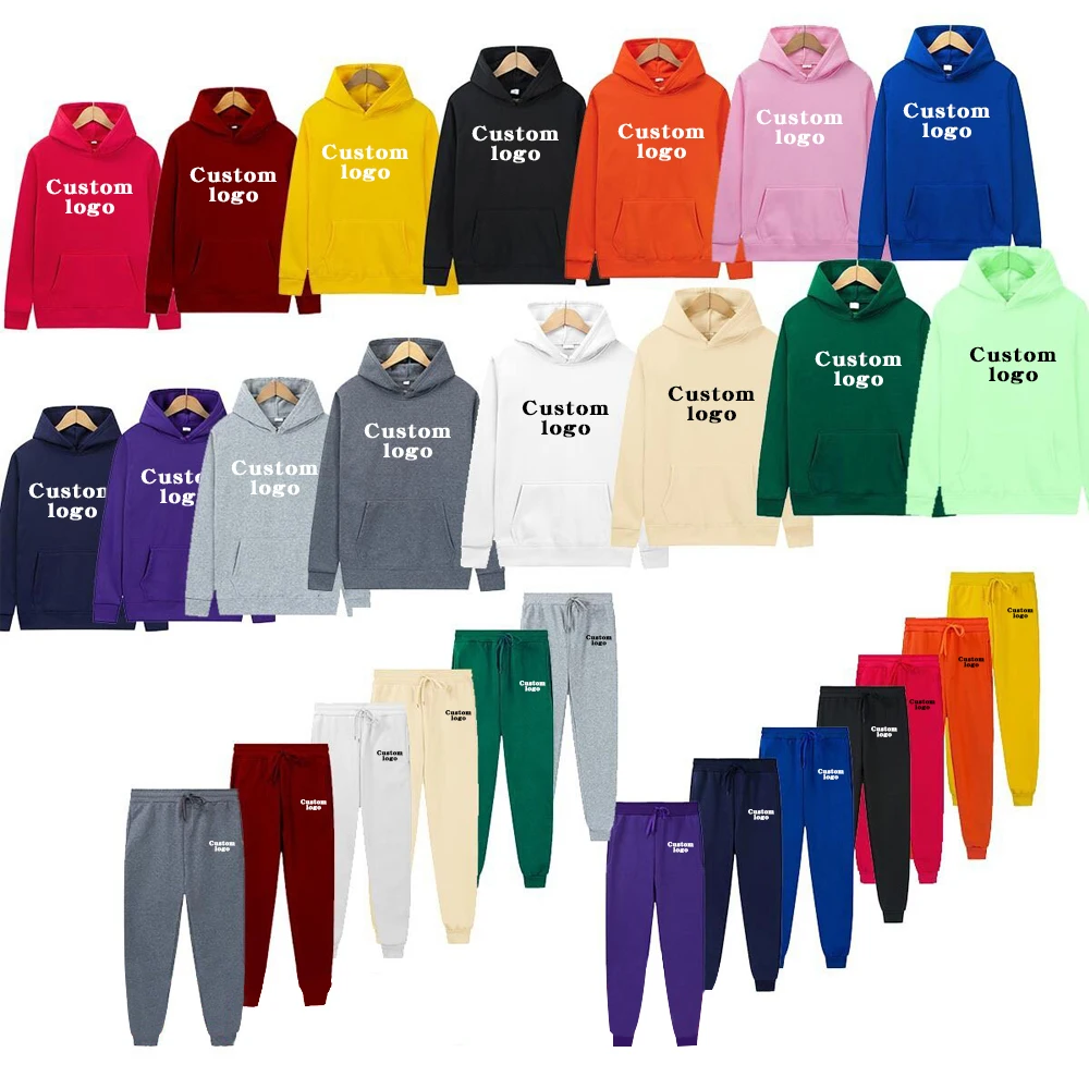 Plus Size Unisex 2 Piece Set Hoodie T-Shirt And Sweatpants Solid Logo Custom Sweater Jogger Set 2021 Fall And Winter Clothing