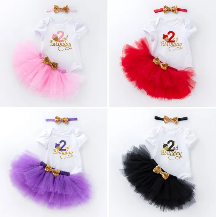 In stock baby suit baby cartoon birthday idea letter baby rompers solid color tutu skirt