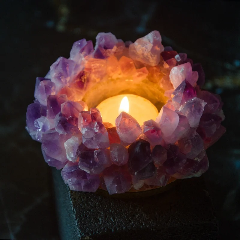 Handmade Natural Amethyst Cluster Quartz Crystal Healing Votive Candle Holder Gemstone Tealight Holder Home Decor Reiki Stone