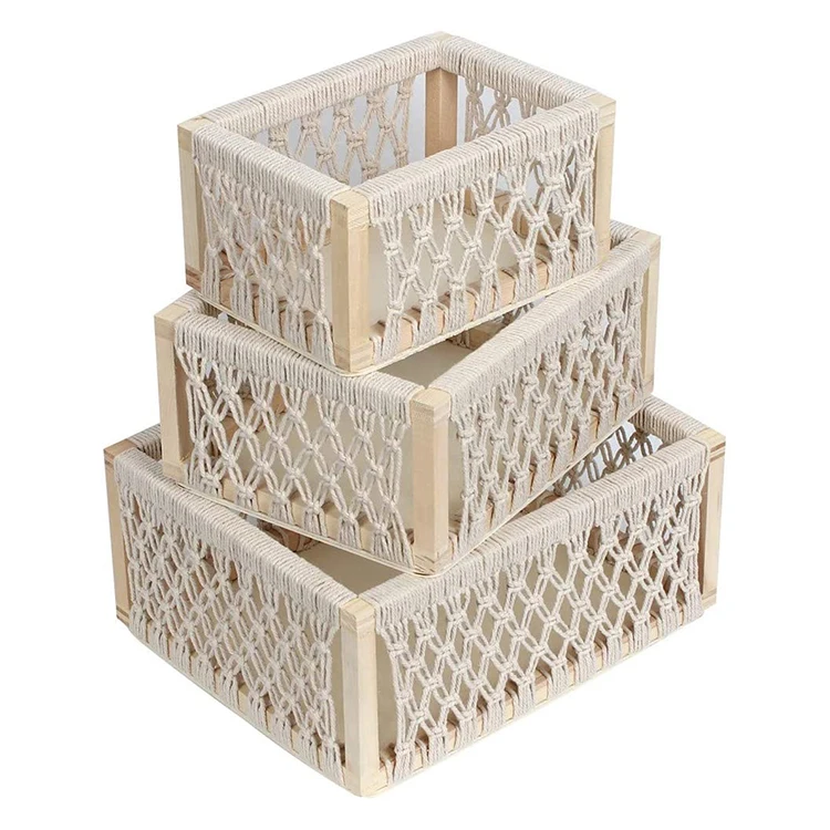 Amazon hot selling rectangular handmade wooden storage box wood sundrises basket with cotton rope design customized  wholesale