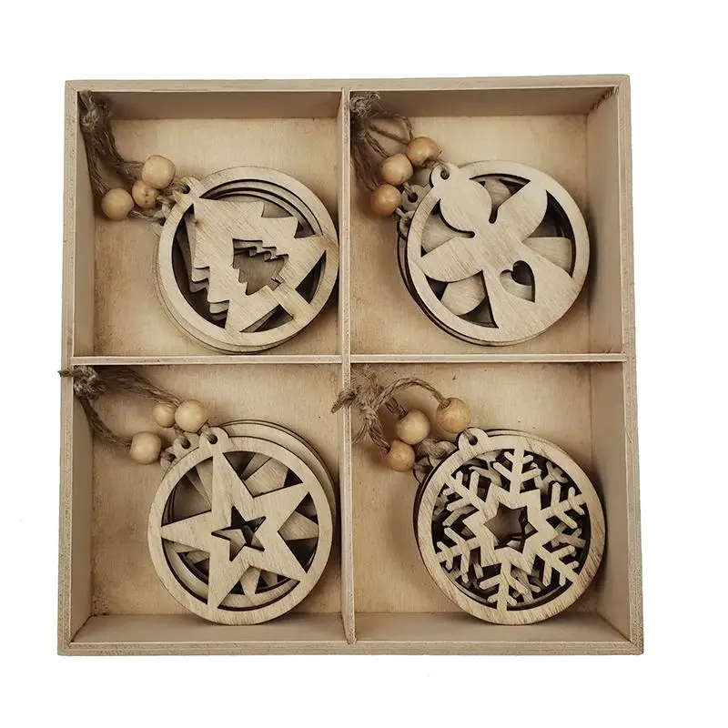 Xmas ornament wooden dangling cutout star snowflake angel tree with wooden box