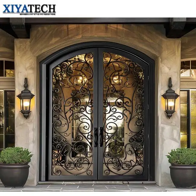 XIYATECH Luxury Main Entrance Security Door With Glass Wrought Iron large entrance front doors