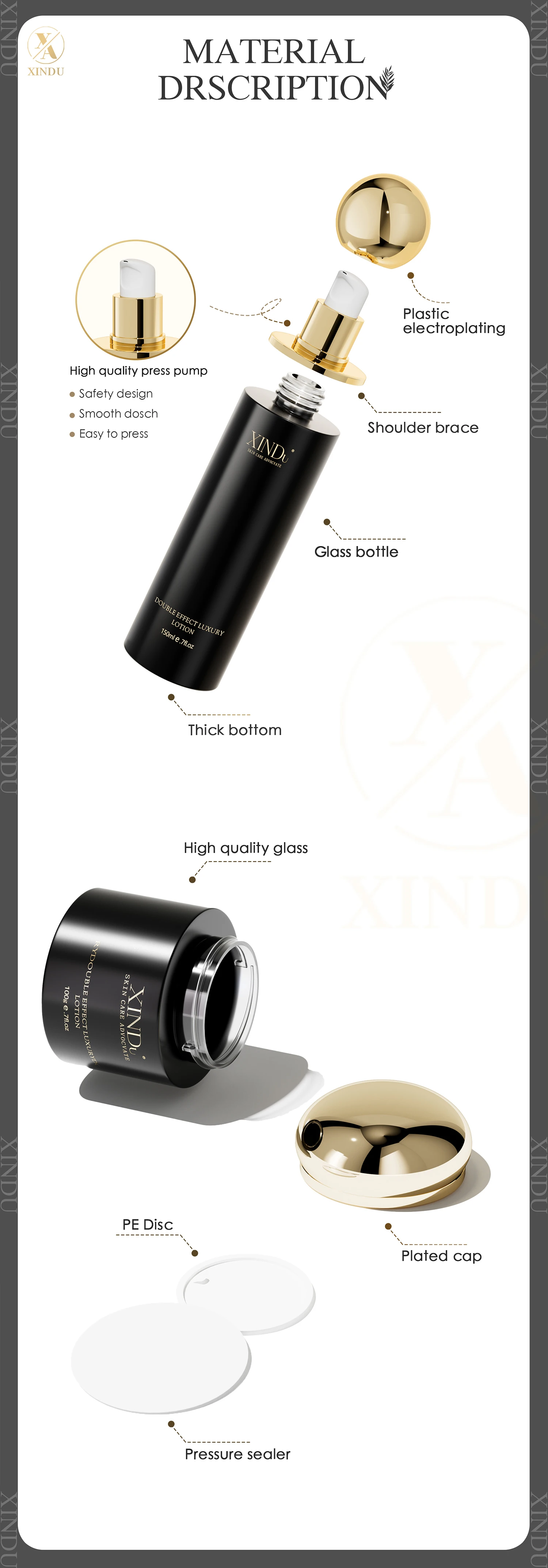 Luxury skincare body cream container packaging round 20ml 30ml 50ml UV paint shiny gold glass cosmetic jar with metal lid