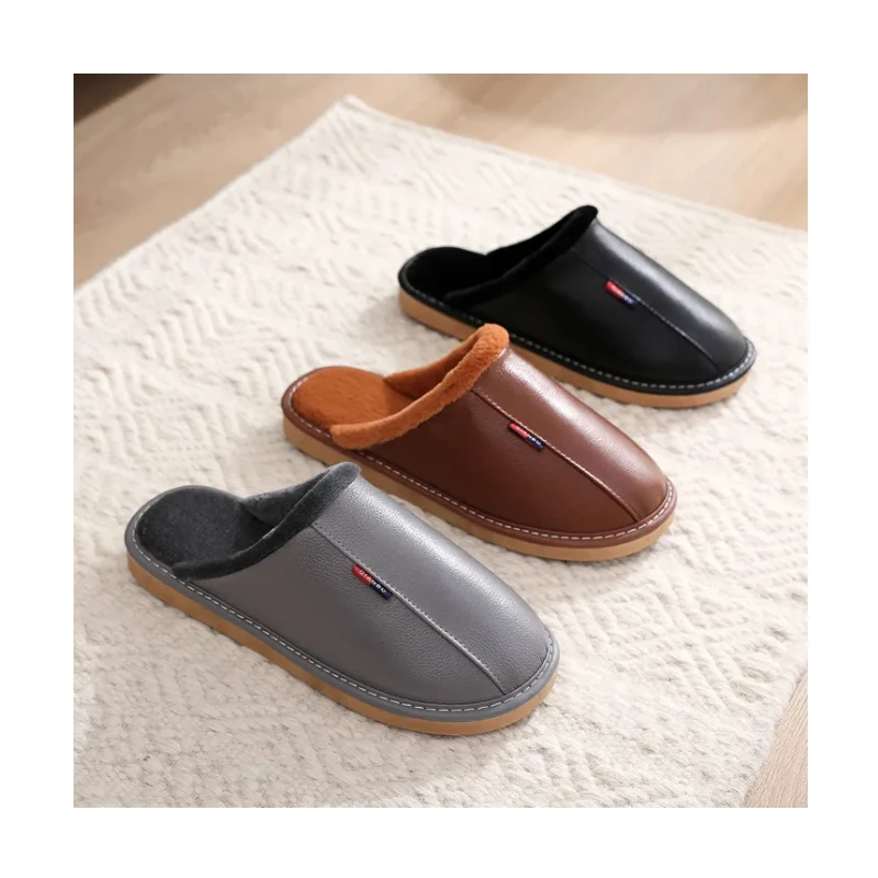 Fashion designer luxury man slipper leather real rabbit indoor and outdoor men winter slippers