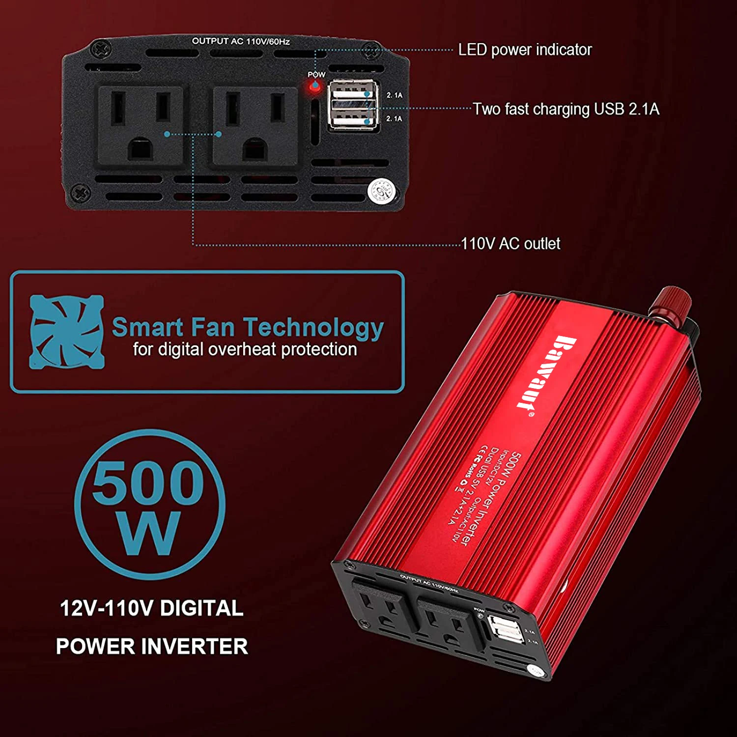 Power Inverter 500W DC 12V To AC 110V 220V Dual AC Charging Port And 2A USB Ports For Laptop Smart Phone