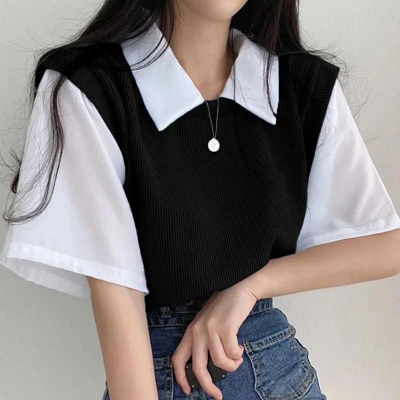 Summer Patchwork Two Piece T Shirt Women Fashion Chic Turn Down Collar Top Korean Casual Preppy Style Short Sleeve Blouse