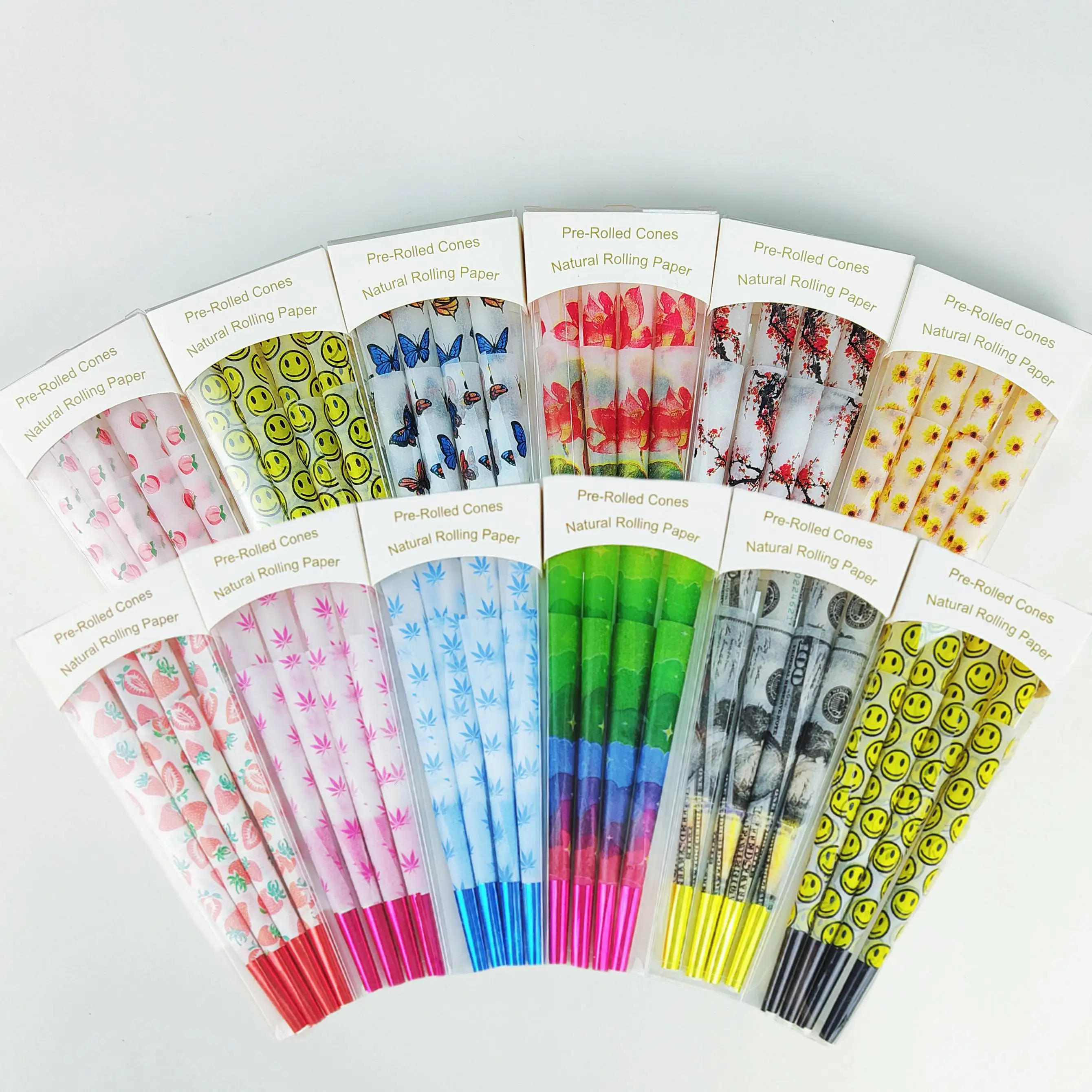 Flavored Pre Rolled Cones Colorful Smoking Cones Pre Paper Roll Unbleached Hemp Paper Custom Package
