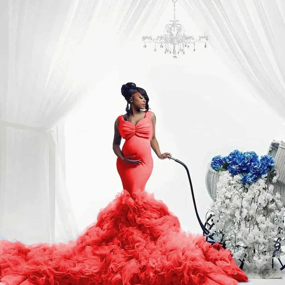 2024 new arrival High Quality Plus Size Tulle Maternity Dress Detachable Sleeves Strapless Long Ruched Train Photographic pregna