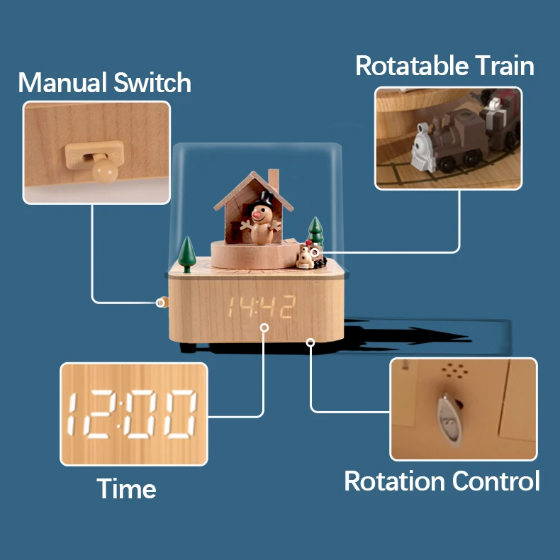 Изготавливаемые на заказ рождественские часы Dolphin Industry BR, деревянные музыкальные шкатулки, деревянная музыкальная шкатулка с вращающимся маленьким поездом и будильником