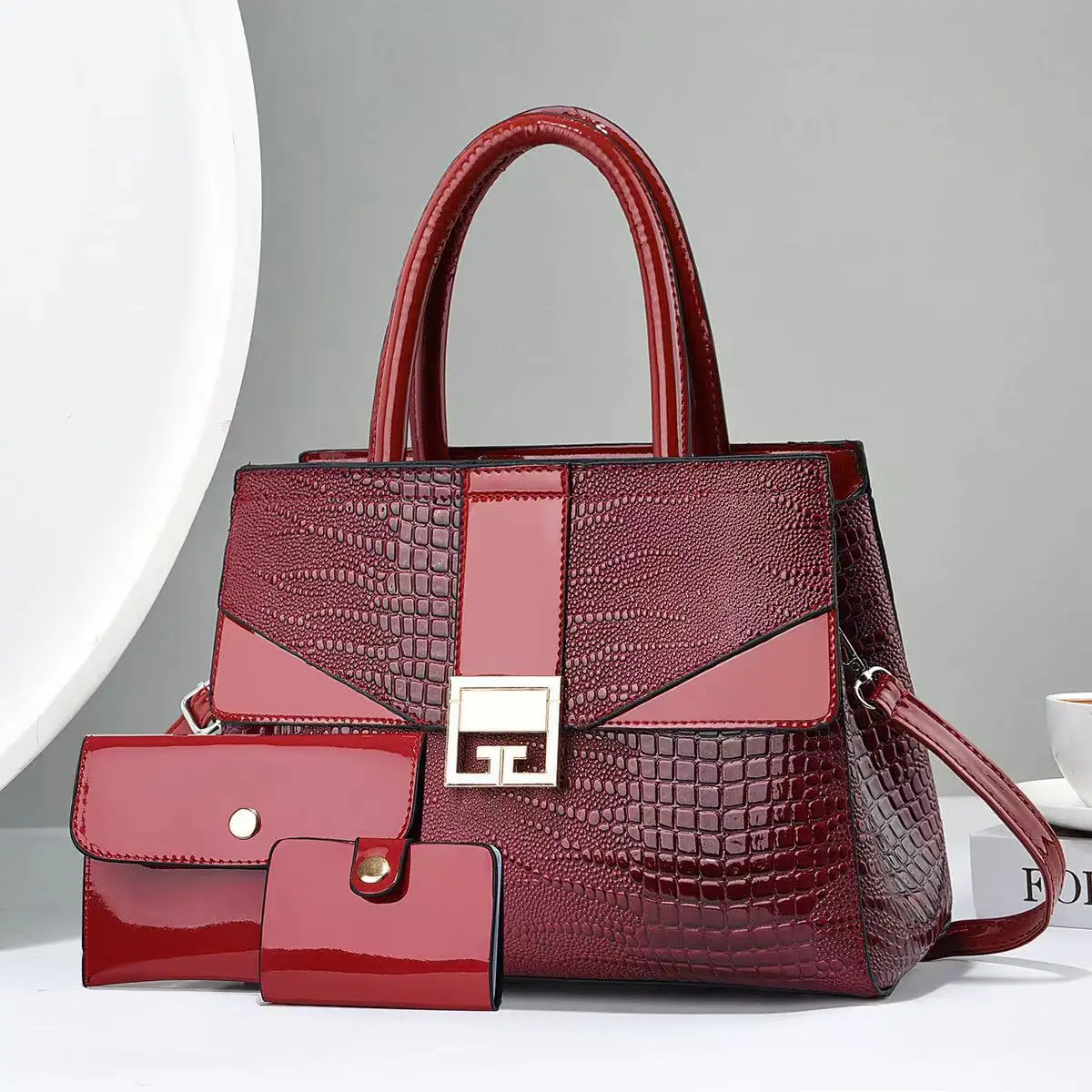 2Pieces Set/Hot Selling Classic Luxury Woman Handbags Shiny Lather Fashion Bags with Wallet European Style Large Purse