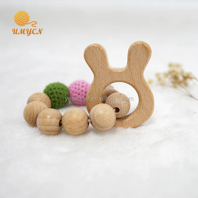 Chewable Beech Crochet Wooden Beads Teething Bracelet Baby Animal Toys