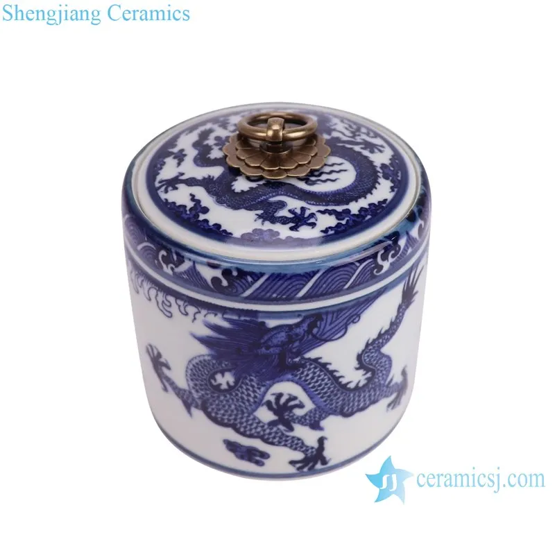RZNV50-B-S-M-L-XL Chinese handmade blue and white porcelain dragon pattern copper ring cover ceramic tea storage jar