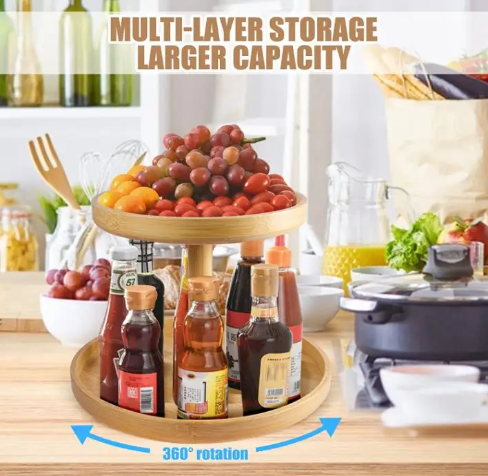 2 Tier Bamboo Lazy Susan Organizer Kitchen Turntable Organizer for Cabinet Pantry Table Organization