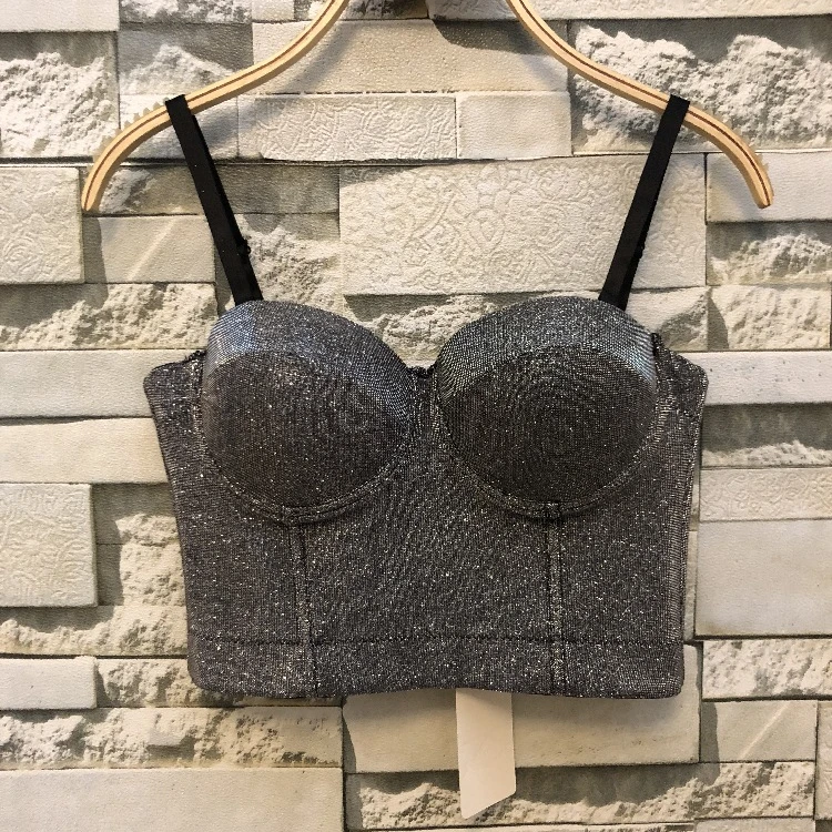 Vest gold powder short sling Bustier shinny Crop Top Festival Clothing Fairy Grunge Women Mesh Camisole Tank top