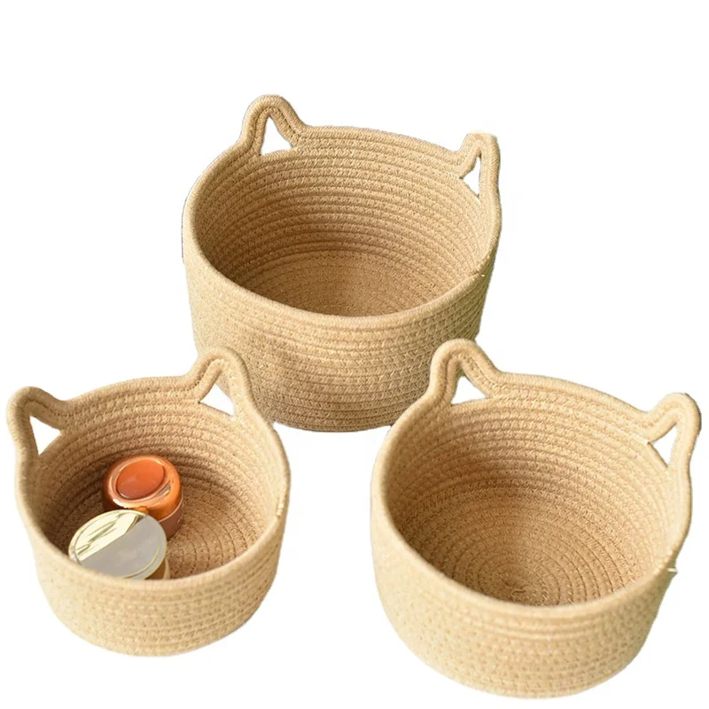Andeya Storage Basket Wholesale Cotton Woven Basket Rattan Woven Cat Ear Round Storage Basket Popular