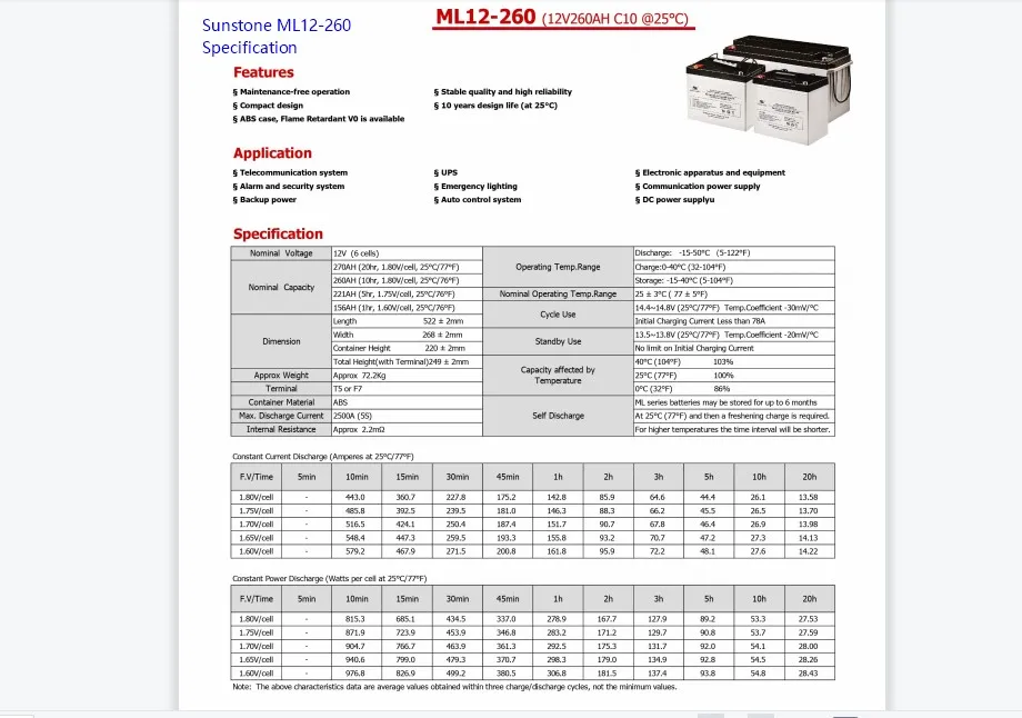 Sunstone Maintenance Free 12V 260AH AGM Battery Deep Cycle Factory Price Solar Inverter Storage Rechargeable Battery