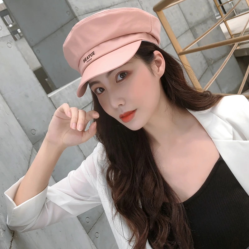 
New style man woman Leather Fabric Military Officer uniform military sailor cap with Letter logo White pink black leather hat 