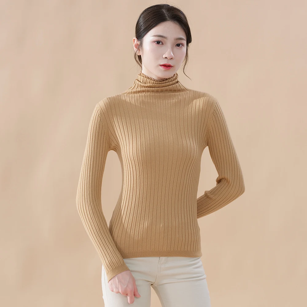 
2021 spring wood ear high-neck long-sleeved sweater solid color slim-fit wool bottoming shirt super stretch knitted top 