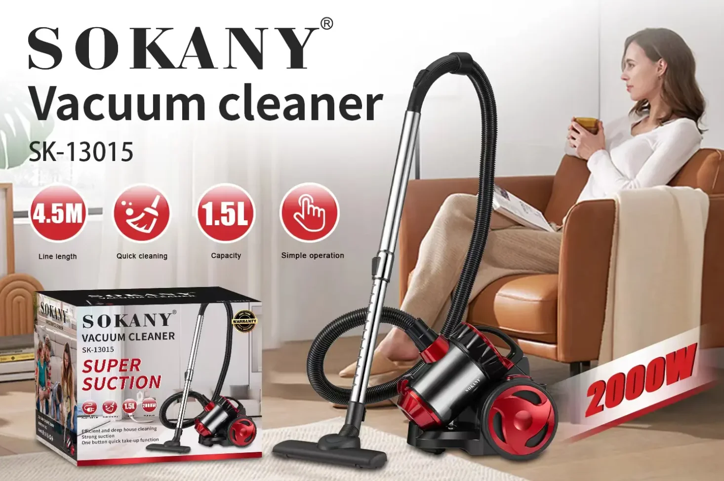 Sokany 2000W high-power vacuum cleaner with factory stock SK-13015 vacuum cleaner easy to clean the floor