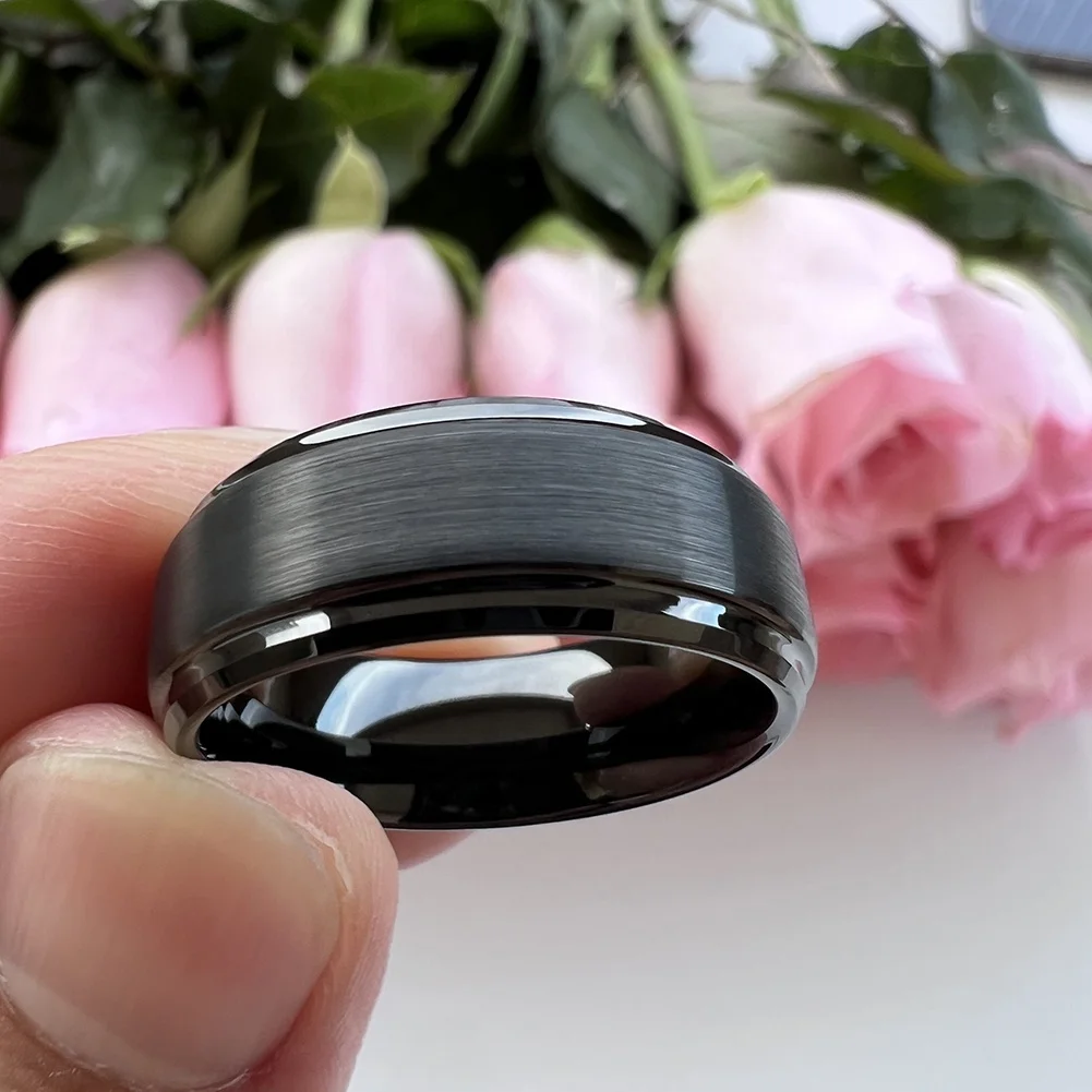 Coolstyle Jewelry Dropshipping Wholesale 8mm Stepped Beveled Fashion Engagement Wedding Band Black Tungsten Ring for Men Women
