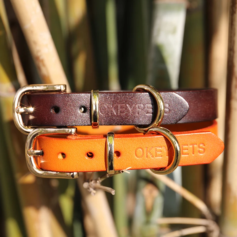 Okeypets Natural Cowhide Durable Training Dog Collars Necklace Luxury Leather Dog Collar With Gold Buckle