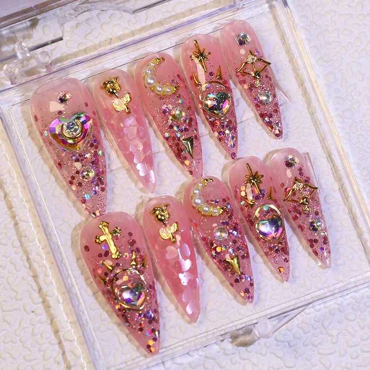 Free Shipping Luxury Private Label Press On Nails Handmade Custom Thick Acrylic Nails With Rhinestones Artificial Fingernails