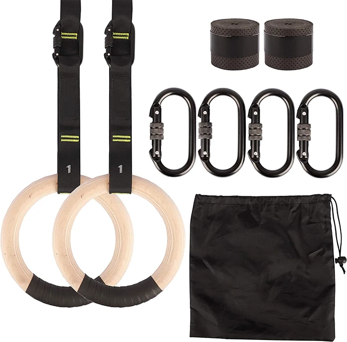 Gym Equipment Body Training Exercise and Workout rings gymnastic 32mm Wooden Gymnastic Rings straps with Nylon Straps