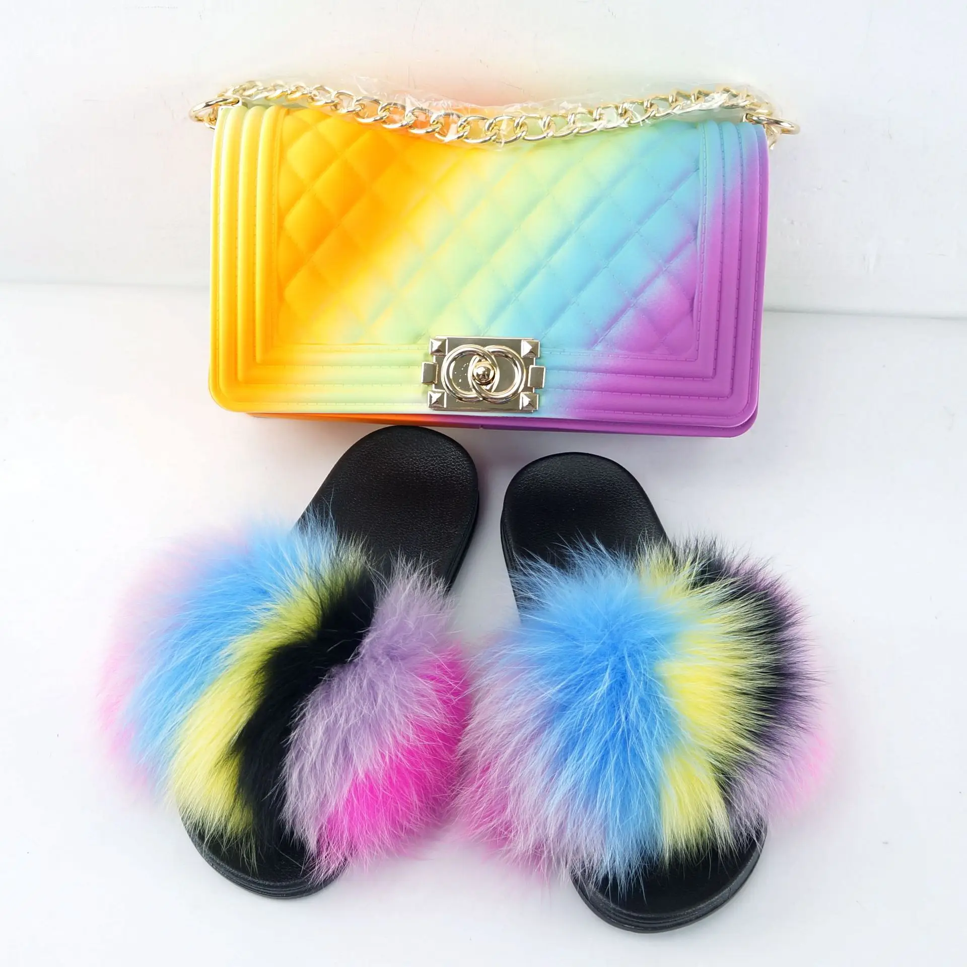 Beautiful fashion fur shoes real fox fur slides women slippers jelly bag fanny pack fur slides with purse set