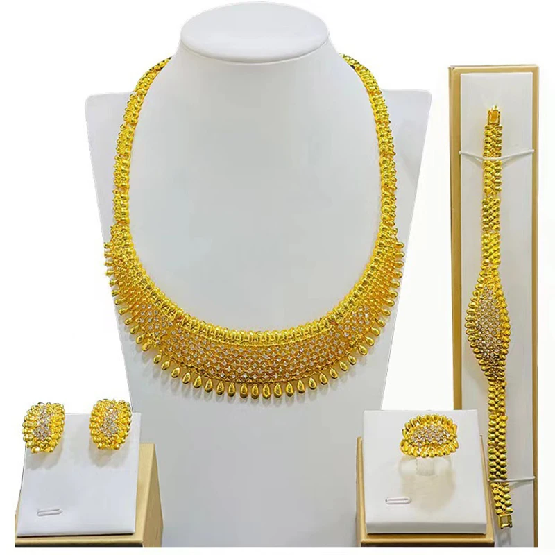 Wholesale Dubai 24K Gold Ornament Jewelry Suit Necklace Earring Bracelet Ring Indian Four-Piece Set for Women